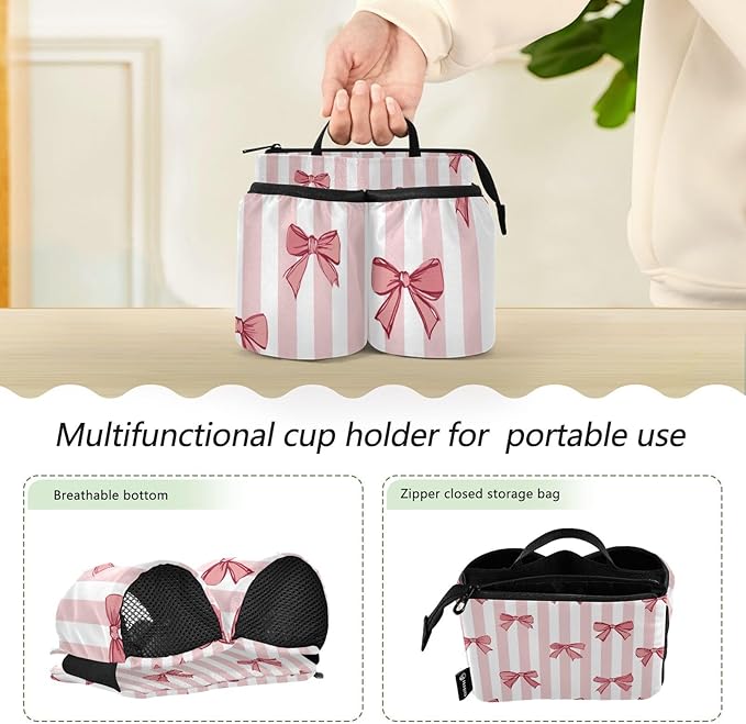 Pink White Stripes Bows Luggage Cup Holder Travel Portable Free Hand Drink Carrier Suitcase Drinks Beverage Holder Carry-On Bottle Mug Holder Organizer Bag Travelers Accessories
