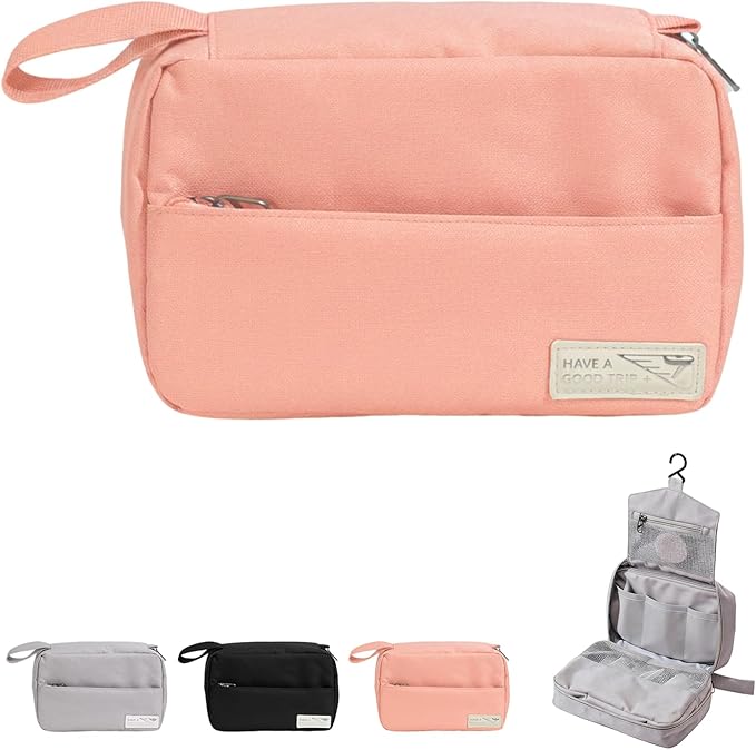 FabDay Travel Toiletry Bag with Hanging Hook Water-Resistant Cosmetic Case Makeup Bag Portable, Travel-Sized Container for Women, Misty Rose Pink