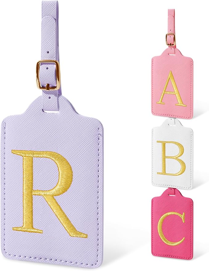 Personalized Initial Luggage Tags for Suitcases, Cute PU Leather Embroidered Letter Travel Luggage Tags, Suitcase Identifier Name Baggage Tag, Bag Tags for Men Women Kids Luggage Handbags(Purple R)