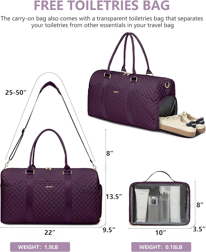 Women Weekender Travel Duffle Bag: Travel Duffel Overnight Bags with Shoe Compartment Large Carry on Tote with Toiletry Bag Weekend Traveling Yoga Gym Hospital Bag for Women with Wet Pocket Purple