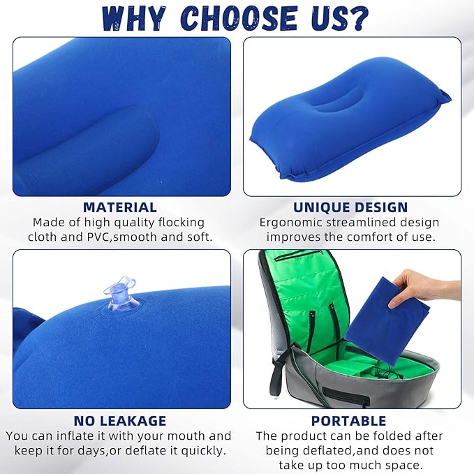Geelin 20 Pack Inflatable Pillows for Camping Travel Beach Vacation Sand Squared Flocked Soft Fabric Backpacking Ultralight Pillows for Office Sleeping Neck Head Lumbar Support (Blue)