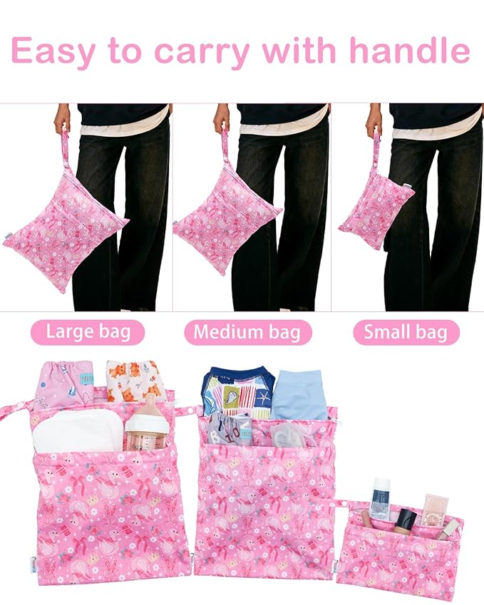 ALVABABY 3 pcs Cloth Diaper Wet Dry Bags Waterproof Reusable with Two Zippered Pockets Travel Beach Pool Daycare Soiled Baby Items Yoga Gym Bag for Swimsuits or Wet Clothes Small Medium Large 3L-SML19
