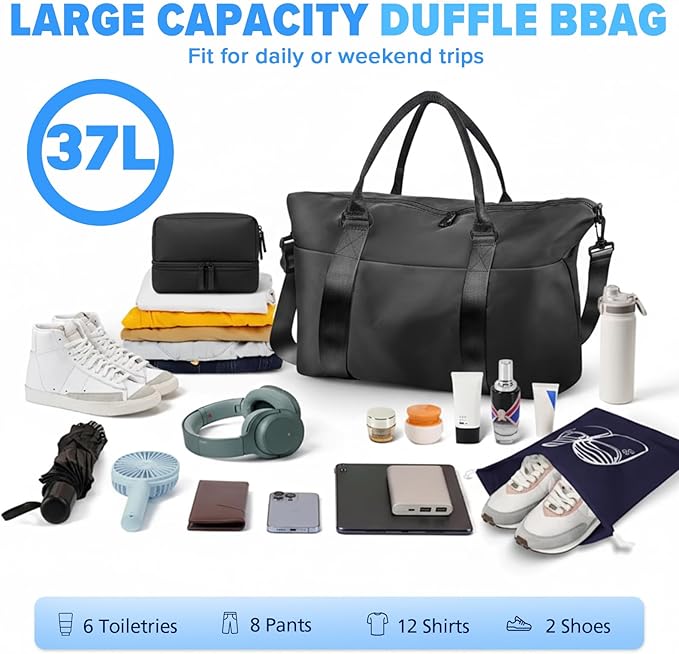 Travel Duffle Bag, Weekender Travel Bag Men Small Gym Bag for Women, Hospital Bag for Labor and Delivery, Overnight Bag Luggage Bag with Trolley Sleeve, Airplane Travel Essentials for Flying(Black)