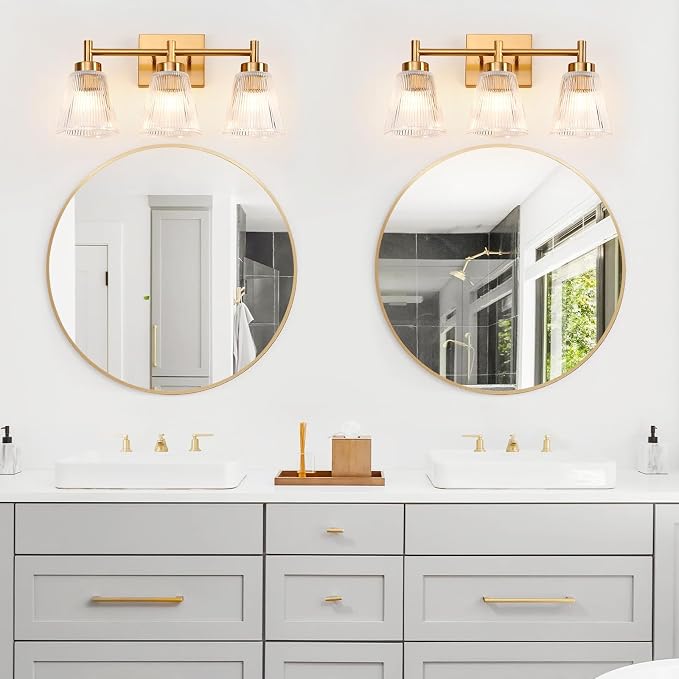OCIOC 3-Light Bathroom Vanity Light, Modern Gold Wall Light Fixture With Stripe Glass, Farmhouse Bathroom Wall Sconces for Mirror, Kitchen, Bedroom, Living Room, Hallwa