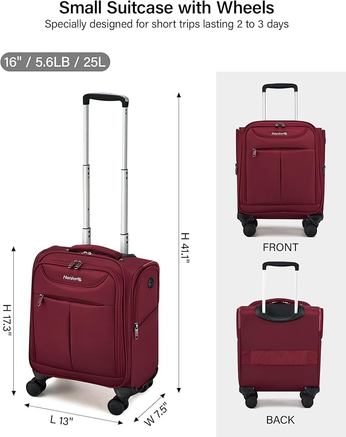 Hanke Underseat Carry On Luggage with Wheels, Lightweight Small Suitcase Airline Approved 16 Inch Softside Personal Item Travel Bag for Women Men, Compact Under Seat Luggage.(Burgundy)