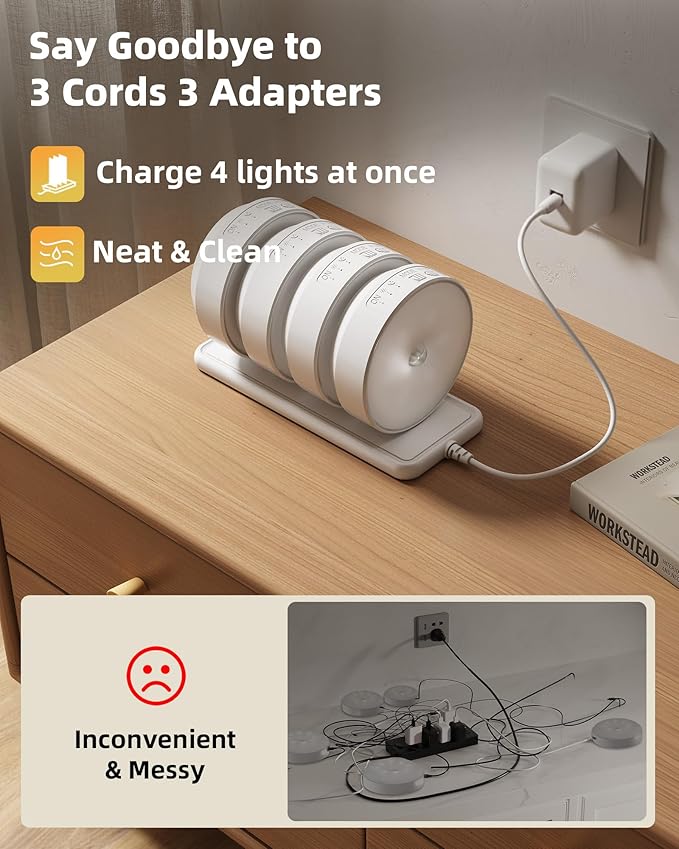 EZVALO 4 Pack Motion Sensor Closet Lights with Charging Station, 1200mAh Rechargeable LED Under Cabinet Lighting, Puck Light, Dimmable, 3 Color Temps, Magnetic, Stick-On for Kitchen, Closet, Stairs