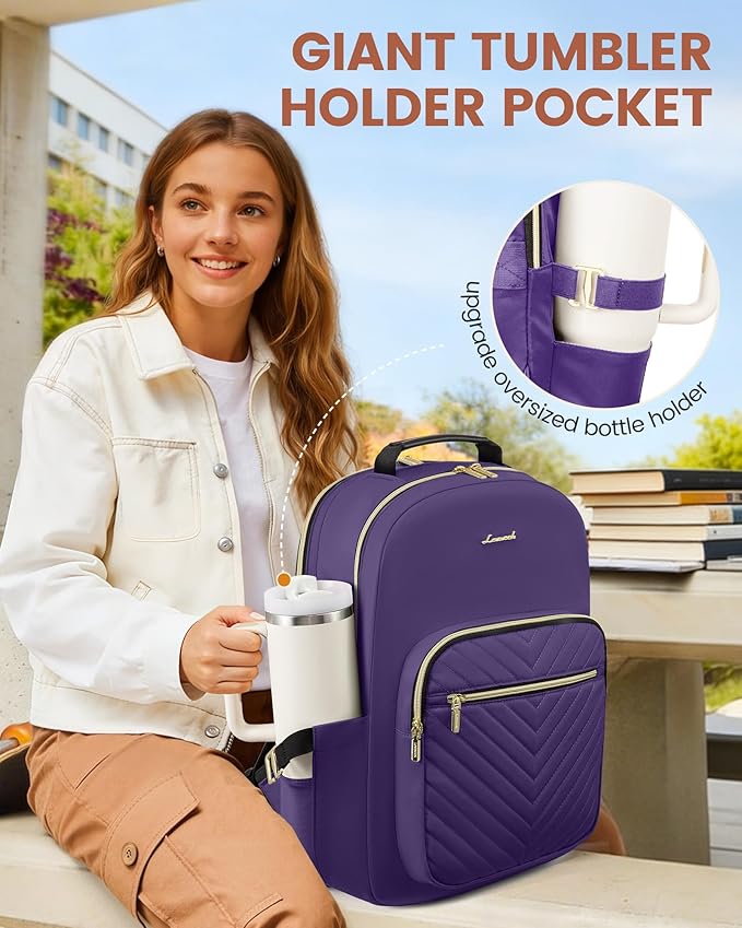 LOVEVOOK Laptop Backpack for Women with Giant Tumbler Holder 18.4 inch,Designer Travel Backpack Laptop Bag College Backpack,Quilted Work Nurse Teacher Backpack Purse Computer Bag Daypack,Royal Purple