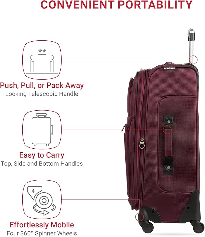 SWISSGEAR Sion Softside Expandable Spinner Luggage Durable Lightweight Travel Suitcase, Merlot, Checked-Medium 25-Inch