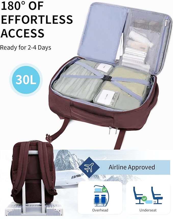 ECOHUB Carry On Travel Backpack, Expandable Airlines Personal Item Bag 18x14x8, Water Resistant 17 inch Laptop Backpack Flight Approved, 12 Pockets 30L Work Backpacks with Wet Pocket & Cable Slot, Red
