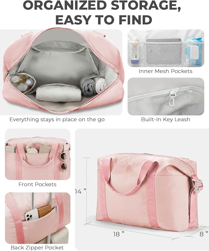 Percover Weekender Travel Duffel Bag for Women, Lightweight Soft-Structure 33L Carry-On, Water-Resistant Nylon with Shoulder Strap & Trolley Sleeve, Personal Item Friendly, Blush Pink