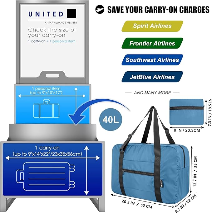Foldable Travel Duffle Bag, Airlines Approved Carry On Bag Weekender Overnight Bag for Men Women, 40L (Airforce blue)