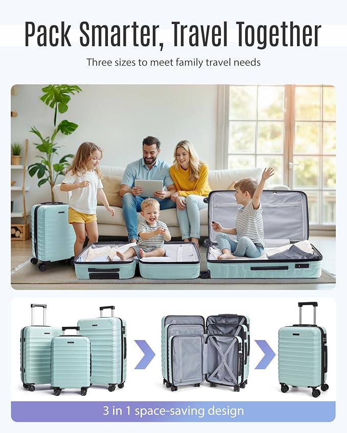 LIGHT FLIGHT Luggage Sets, 3 Piece Durable Suitcase Set with Spinner Wheels, 3 Pcs Hardside Lightweight luggage with TSA Lock, Large Checked Travel Suitcases, 20/24/28 Inch,Mint Green