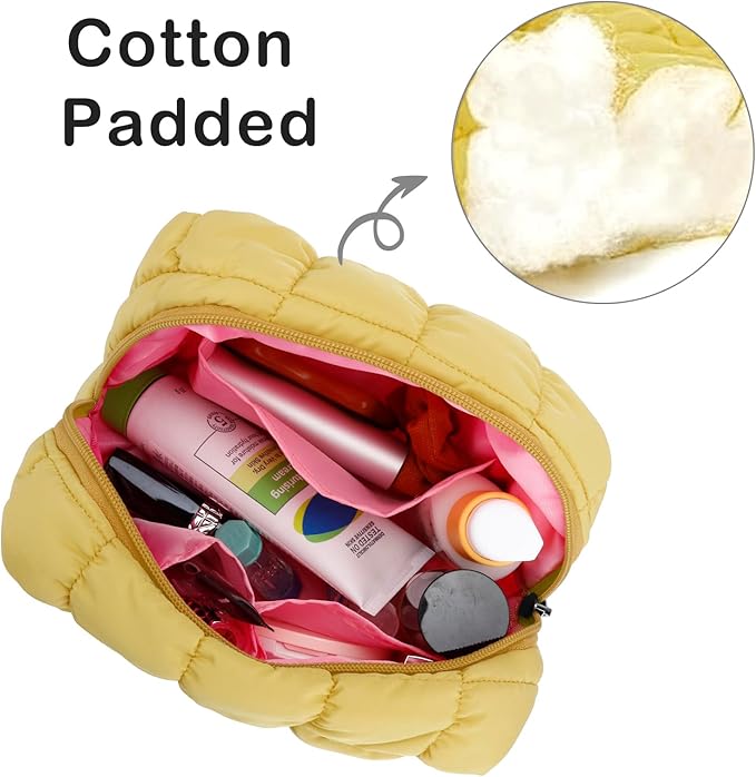 E-Tree Cute Makeup Bag,Quilted Cosmetic Bag,Make up Pouch for Purse,Toiletry Zipper Pouch,Checkered Bag,Travel Case,Storage Pouches for Organization (Yellow)