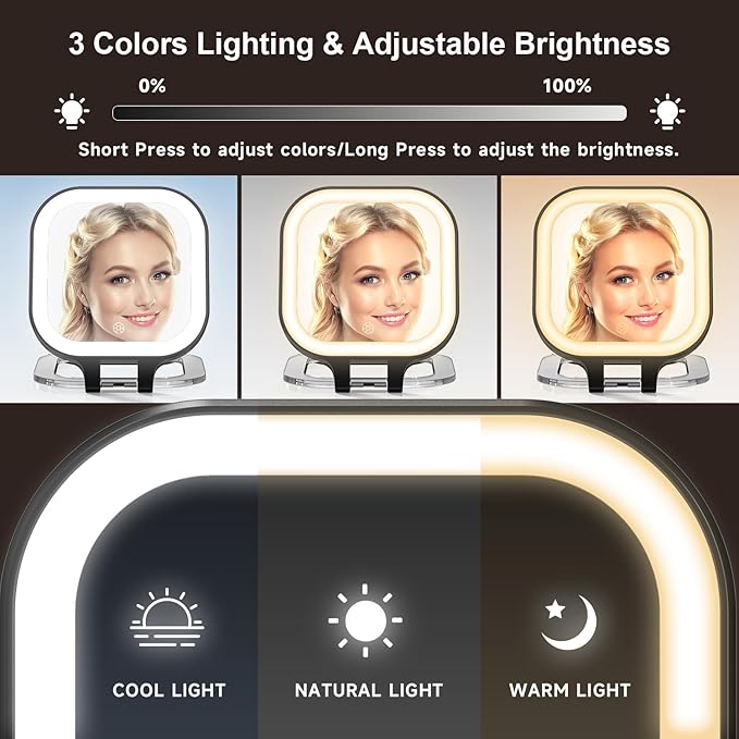 Mocado Compact Travel Makeup Mirror, 1X/20X Magnifying Mirror with Light, Double Sides Compact Mirror with 3 Color Light, Dimmable Handheld Mirror, Rechargeable Travel for Purse,Pocket(Black)