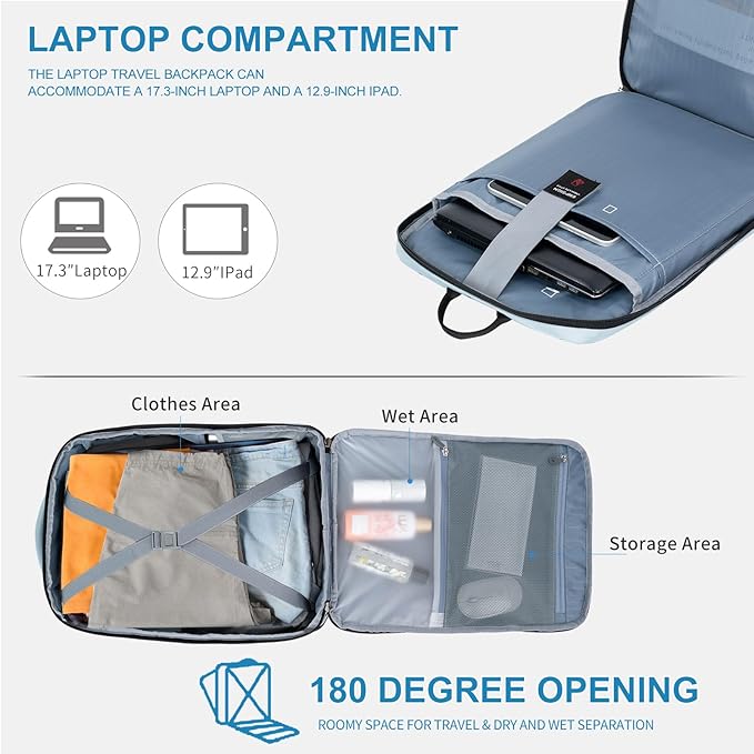 EMPSIGN Carry on Travel Backpack for Women & Men, 17 inch Large TSA Friendly Laptop Backpack with USB Port, Airline Approved Carry On Luggage, Travel Essentials, Weekender Overnight Bags, Light Blue