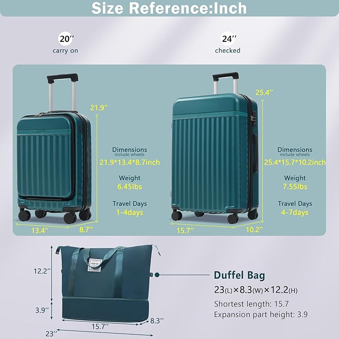 Merax Luggage Sets 2 Piece Front Opening, Hardside Lightweight Carry on Suitcase with USB Port,Durable Expandable Luggage with Bags Spinner Wheels and TSA Lock,Dark Green