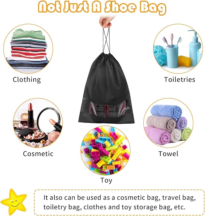 Large Black Travel Shoe Bags - 10 Pcs with Clear Window, Non-Woven Drawstring, 12.6" X 17.3" for Men Women