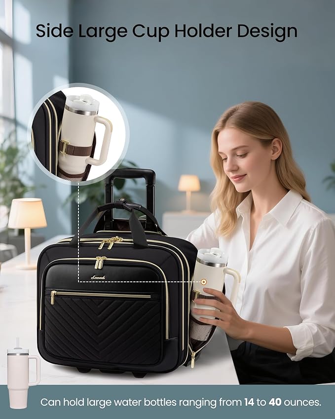 LOVEVOOK Rolling Laptop Bag Women, 17.3 Inch Laptop Briefcase with Wheels for Work Travel Business, Underseat Carry On Luggage Case,Black