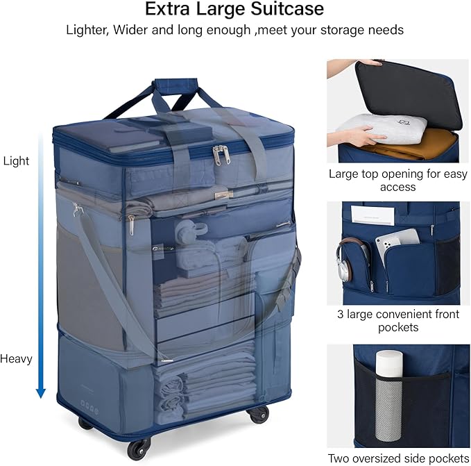 Hanke Expandable Collapsible Luggage with Wheels Suitcase Luggage Rolling Travel Bag Duffel Bag for Men Women Lightweight Suitcase Large Capacity with Spinner Wheel (Blue)