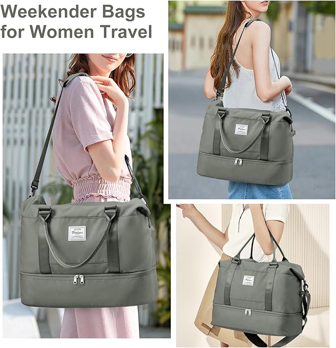 Weekender Bags for Women, Travel Duffel Bags with Shoe Compartment,Personal Item Travel Bag for Airlines, Carry on Overnight Tote Bag for women with Toiletry Bag, Olive Green
