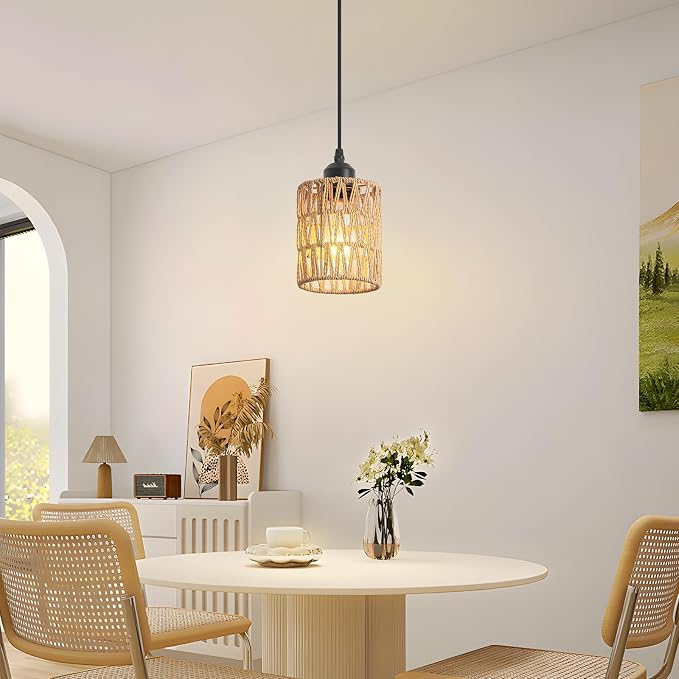 Boho Rattan Pendant Light for Kitchen Island Round Hanging Lamp | Handwoven Rattan Shade Adjustable Height 10-57 Inch E26 Base Farmhouse Chandeliers for Kitchen Islands And Dining Rooms
