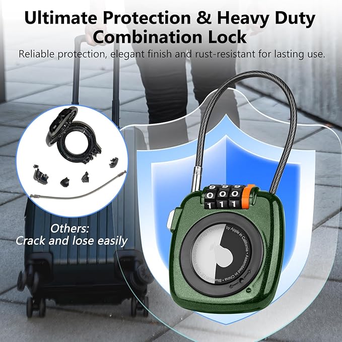 Compatible with Apple AirTag Secure Lock with Wire Cable, 3-Digit Combination Luggage Locks, Alloy Body Ultra Durable Anti-Lost Protective Case for Luggage, Suitcase (Green*2)