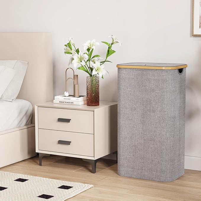 Lifewit 100L Laundry Basket with Lid, Clothes Hampers for Laundry with Bamboo Handles and 1 Removable Bag, Large Foldable Laundry Hamper for Bedroom, Bathroom, Dorm, Laundry Room, Light Gray
