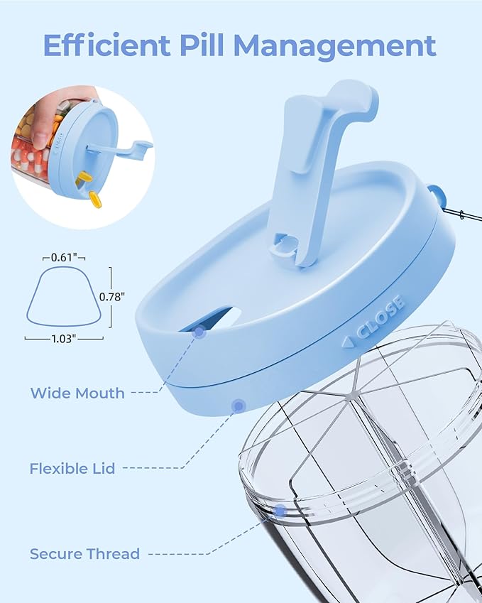 Cute Pill Dispenser with 7 Large Compartments, Portable Pill Bottle Organizer with Wide Opening for Easy Use, Anti-Mix Pill Organizer for Travel, BPA-Free Pill Container, Blue