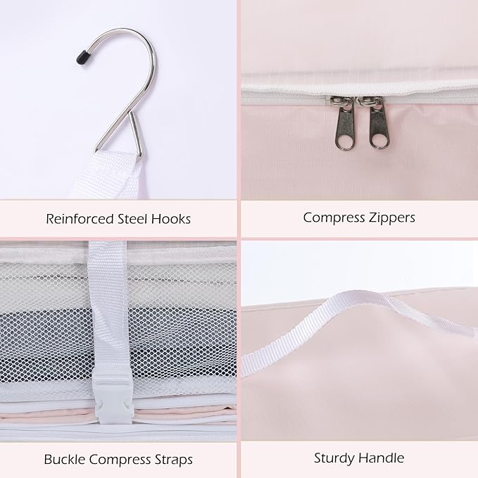 Surblue Hanging Shelves Travel Storage Bag Compression Packing Cube for Suitcase Collapsible with Extension Layer Large Capacity, Pink,XL