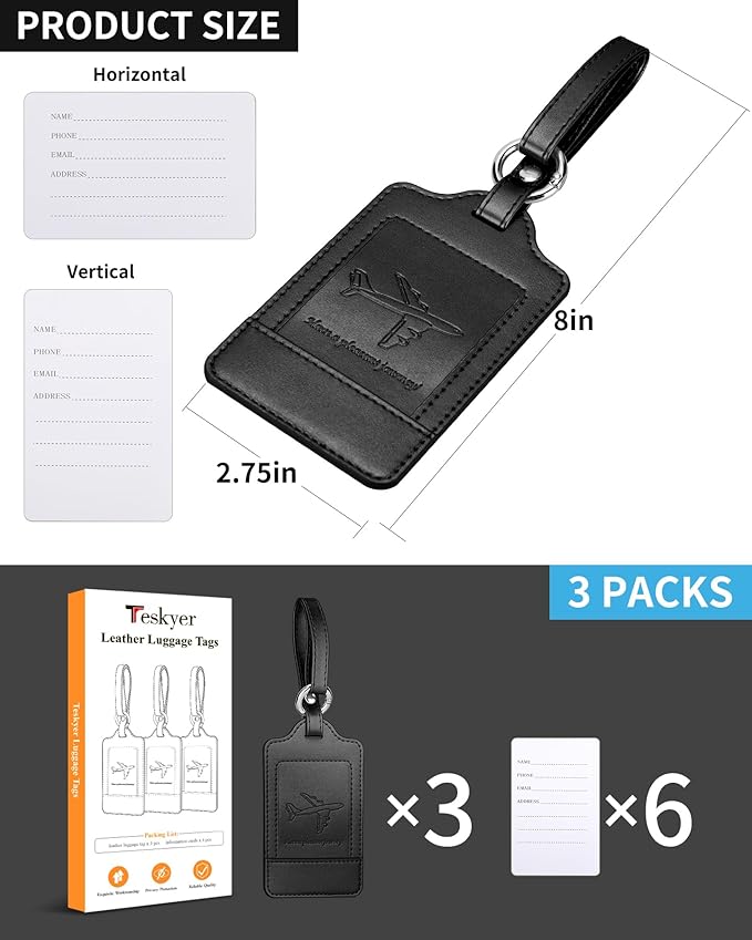 3 Pack Luggage Tags - Quick Install, Privacy Protection, Airplane Travel Essentials for Suitcases, Durable Leather - Black