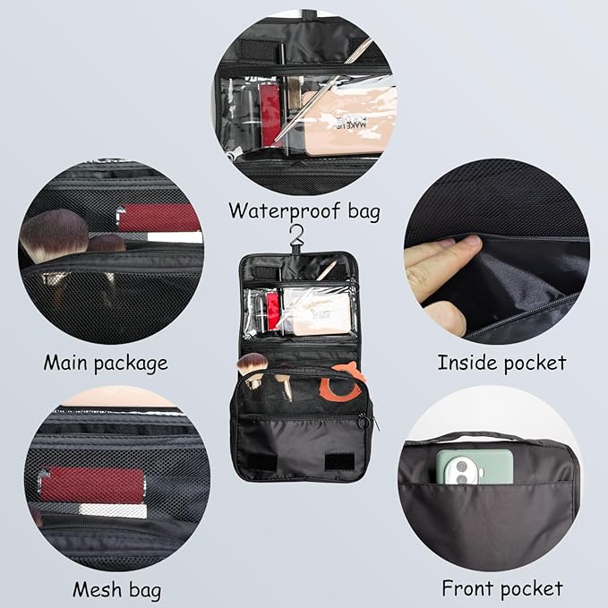 Foldable Hanging Travel Toiletry Bag,Waterproof Portable Travel Bags, Multifunction Travel Makeup Cosmetic Bag Organizer with Hanging Hook (Black)