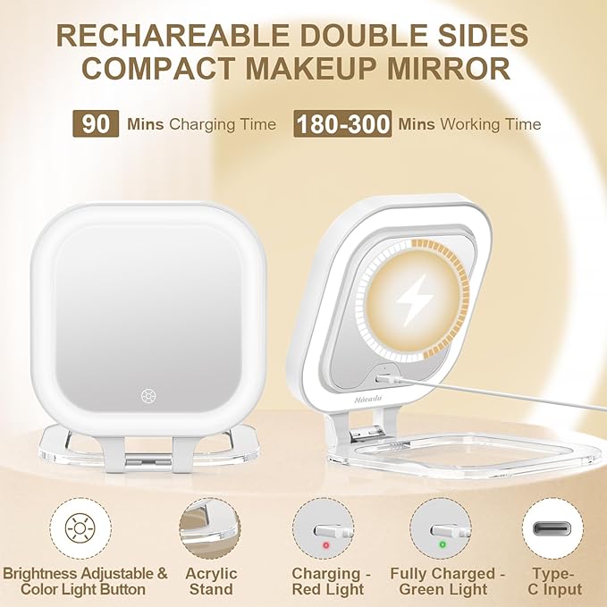 Mocado Compact Travel Makeup Mirror, 1X/20X Magnifying Mirror with Light, Double Sides Compact Mirror with 3 Color Light, Dimmable Handheld Mirror, Rechargeable Travel for Purse,Pocket(White)