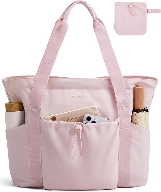 BAGSMART Foldable Tote Bag with Drawstring Bag, Large Tote Bag Shoulder Bag Top Handle Handbag for Travel, Work, Beach, Gym