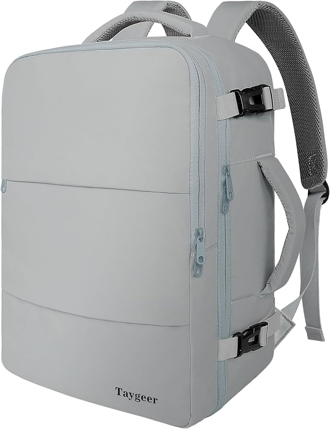 Taygeer Carry On Backpack for Men Women, Travel Backpack with Water Bottle Pocket & Shoe Pouch, Laptop Mochila 17.3inch Flight Approved, College Teacher Tote Bag for Business Travel, Grey