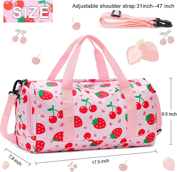 Duffle Bag for Girls Kids Overnight Bags Cute Strawberry Cherry Dance Sports Bag Travel Tote with Shoe Compartment and Wet Pocket