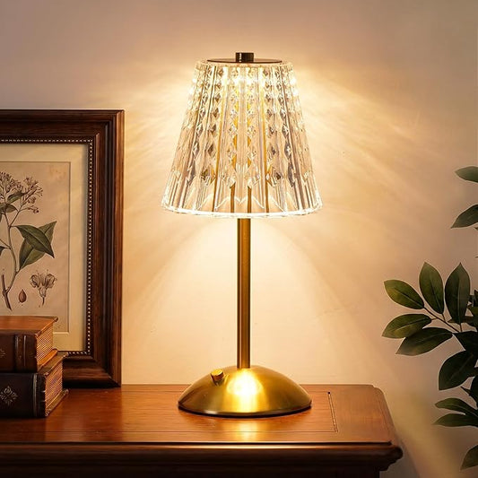 Cordless Touch Table Lamp, Classic Edition Rechargeable Small Desk Lamp | 3 Color Dimmable Gold Crystal Lamp for Bedroom, Restaurant, Kitchen & Home Decor