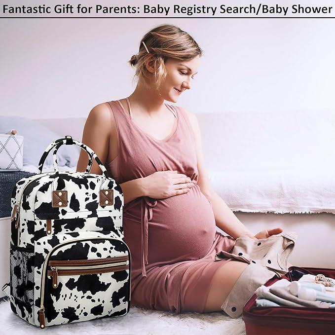 Tenot Large Capacity Baby Diaper Bag Backpack with Insulated Pockets, Waterproof, Stylish Cow Print Design, Suitable for Boys and Girls