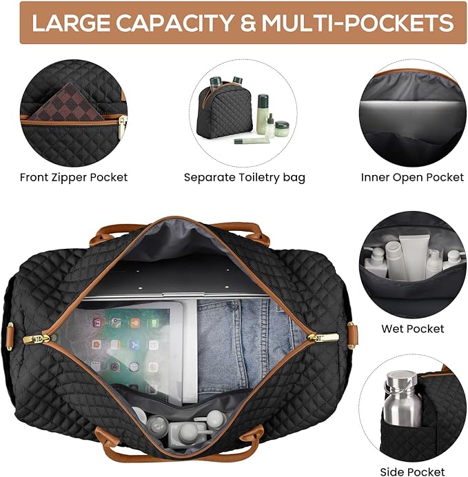 Travel Weekender Duffle Bags for Women - Large Carry On Bag with Shoe Compartment Overnight Bag with Toiletry Bag Duffel Bags with Wet Pocket for Gym Hospital Bags for Labor and Delivery Black Brown