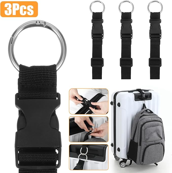 Nogeqi 3 Pcs Add a Bag Luggage Straps, Gripper Jacket Holder Strap, Adjustable Suitcase Belt Straps, Make Your Hands Free, Travel Accessories for Connecting Luggage and Backpack, Black