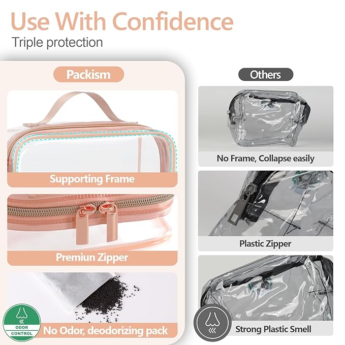 PACKISM Clear Makeup Bag Combo Pack, 1 TSA Approved Medium & Large for Checked Luggage, Clear Toiletry Bag with Handle, Water-resistant Travel Essentials Organizer, Rose Pink