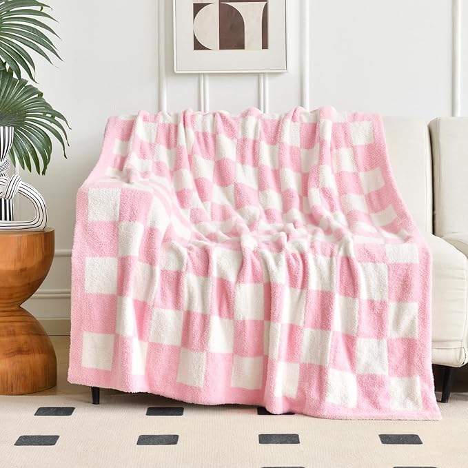 Checkered Blanket, Cozy Soft Throw Blankets for Couch Bed, Fluffy Plaid Lightweight Comfy Travel Picnic Blanket Gifts for Sofa Chair Living Room Camping (Pink, Twin 60"x80")