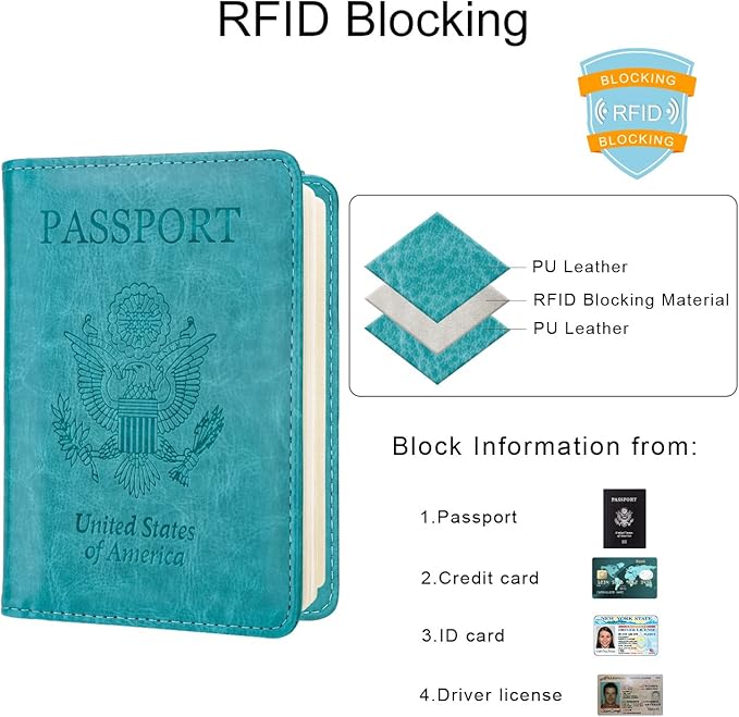 WALNEW Passport Holder for Travel, RFID Passport Cover Wallet for Women Men, PU Leather Passport Book Card Holder Case with Pen (Elastic Band Closure, AA-Brown+Blue)