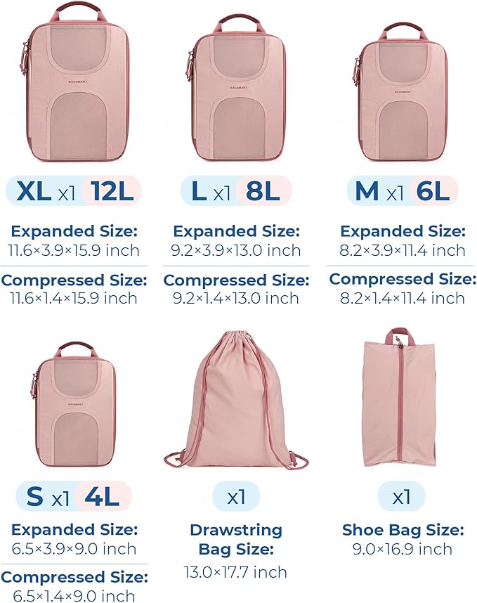 BAGSMART Compression Packing Cubes, 6 Set Packing Cubes for Suitcases, Lightweight Suitcases Organizers Bag Set & Compression Travel Cubes, Travel Essentials Packing Organizers