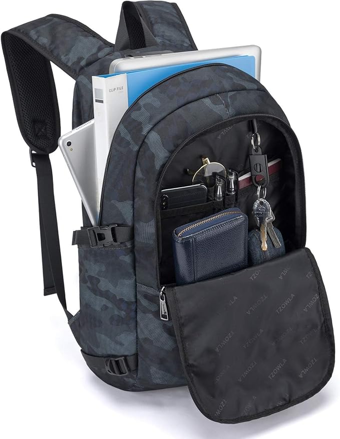 Tzowla Travel Laptop Backpack Water Resistant Anti-Theft Bag with Giant Tumbler Holder Pocket and Lock 17.3 Inch Computer Business Backpacks for Women Men Work College Gift,Casual Daypack(BlueCamo)
