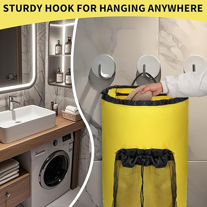 150L Laundry Bag Backpack with 3 Sizes Mesh Wash Bags and Shoulder Straps Foldable Clothes Hamper Bag with Drawstring Closure for College, Apartment, Laundromat (Yellow)