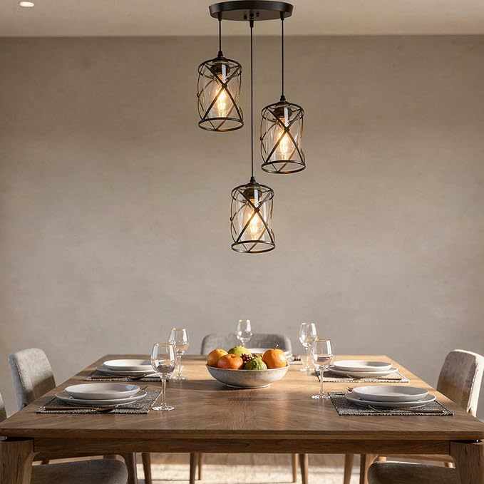 3 Light Pendant Lighting, Farmhouse Hanging Light Fixture for Kitchen Island & Dining Room, Industrial Vintage Ceiling Lamp with E26 Base, Adjustable Height, Matte Black with Glass Shades
