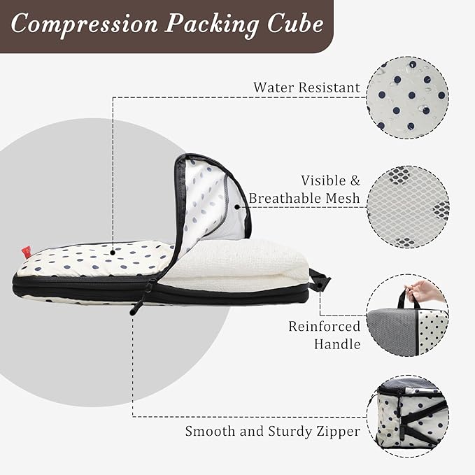U+U 4 Set Compression Packing Cubes - Ultralight Travel Organizers, Space-Saving Suitcase Organizer, Expandable Packing Cubes for Travel, Business Trip and Family Vacation (Polka Dot)
