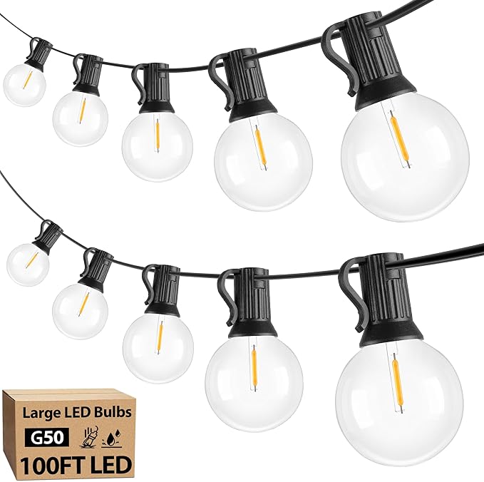 100ft Outdoor G50 LED Globe String Lights Waterproof with 52 Bulbs | Shatterproof Light Strings Connectable Commercial Dimmable Hanging Lights for Christmas Patio House Backyard Balcony Party