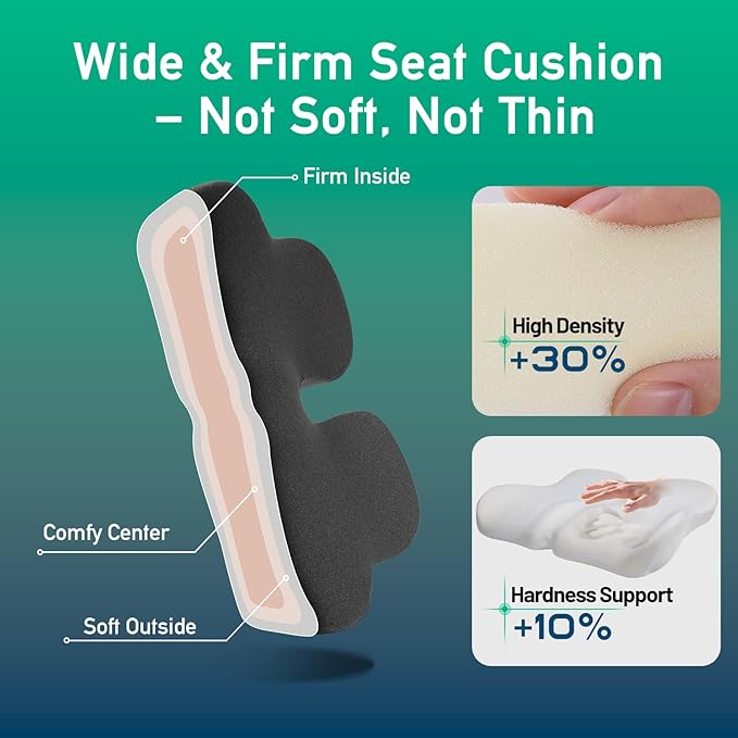 Ergonomic Seat Cushion for Office Chair – High-Density Memory Foam Support with U-Shaped Coccyx Cut-Out, Stable Comfort for Long Sitting, Enhanced Non-Slip Bottom & Washable Cover