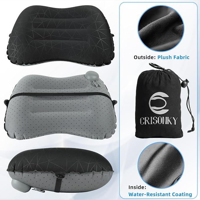 Camping Pillow with Built in Pump - Inflatable Pillow - Travel Pillows for Backpacking & Airplane, Lumbar Support Blow Up Compressible Pillow (Black (with Pump))